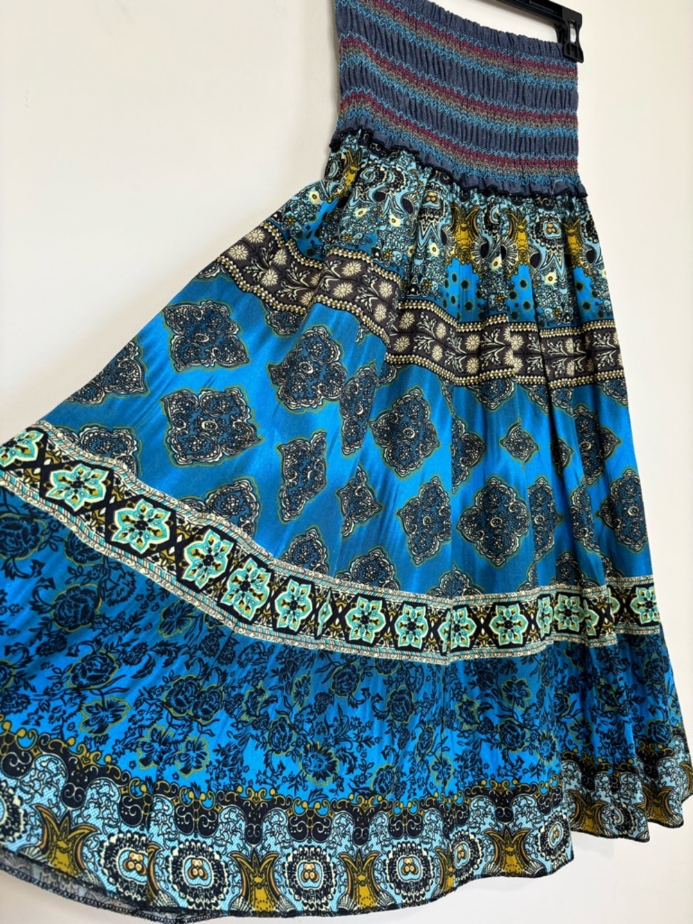 NEW Y2K boho cottage ethnic print smoked high rise pleated A-line Midi Skirt XS - Picture 6 of 16